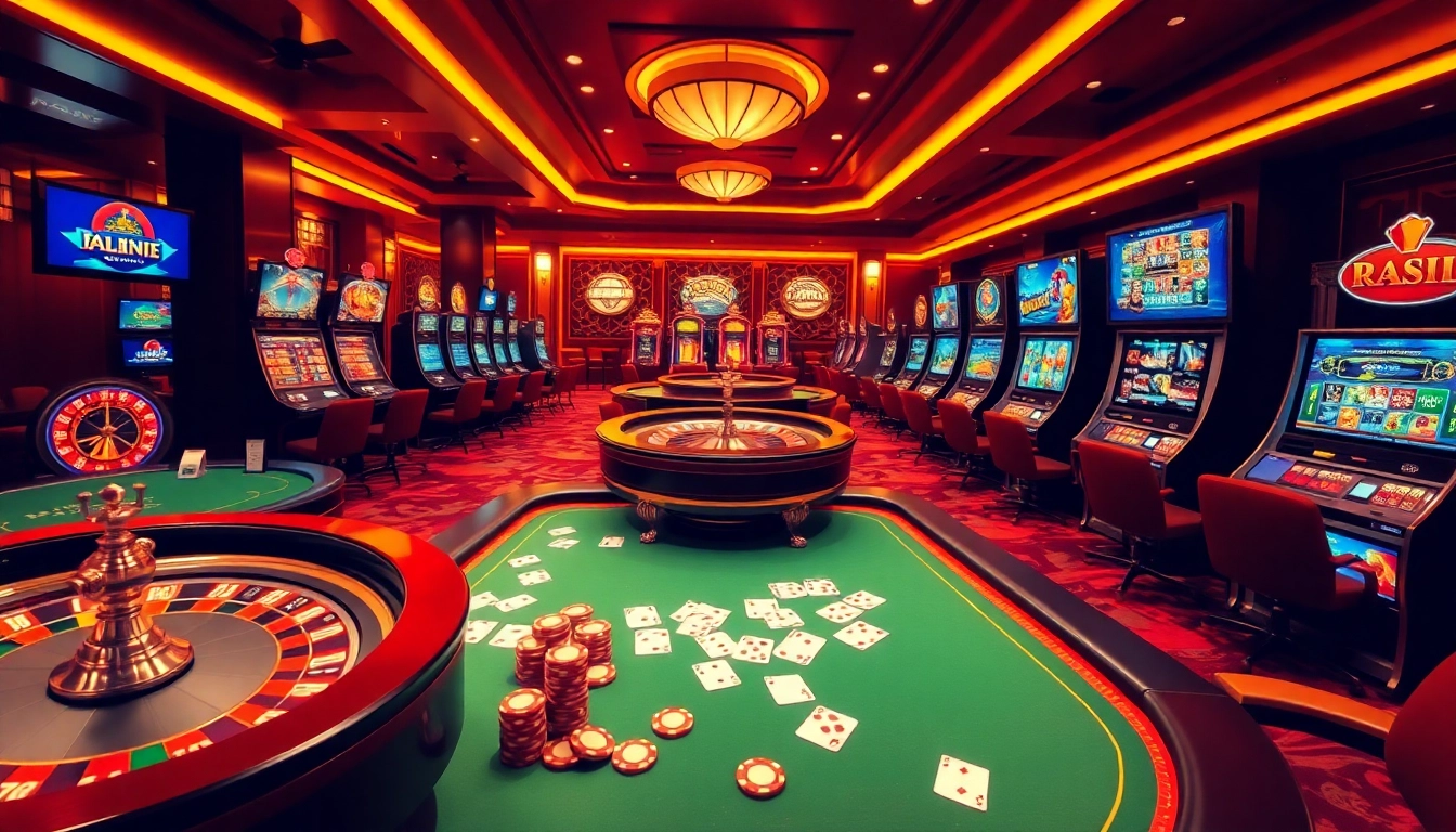 Scène de casino en ligne captivante avec des tables vibrantes, des machines à sous et des jeux interactifs.