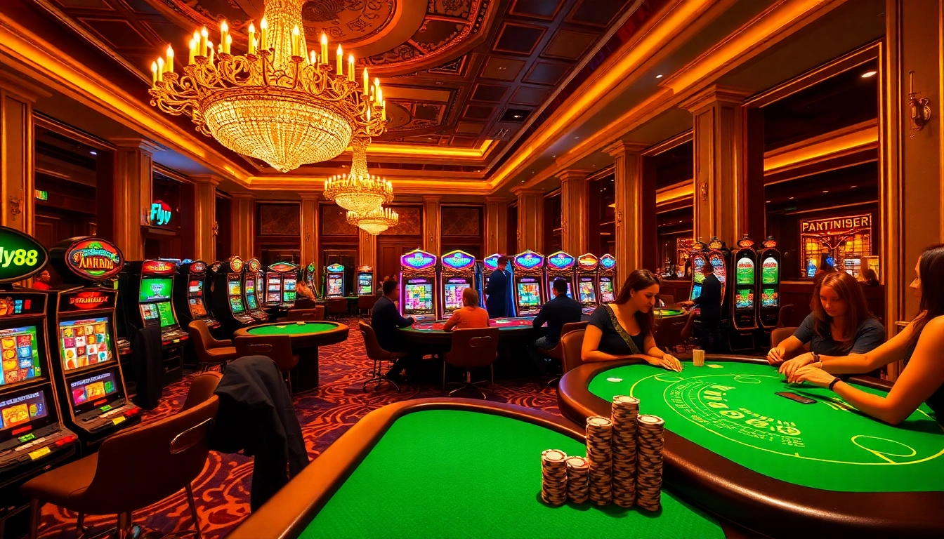 Fly88-themed casino featuring vibrant tables, poker chips, and immersive slot machines.