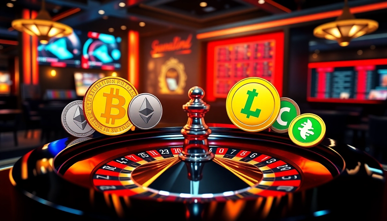 Les gains en casino crypto, mettant en avant des icônes de crypto-monnaies dynamiques et des jeux captivants.