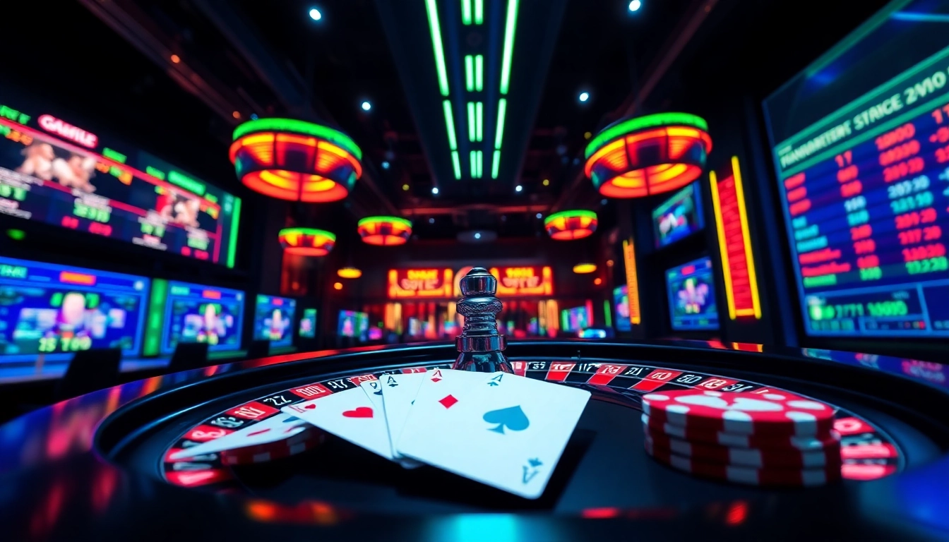 Jouer à casino en ligne avec des cartes de jeu et une roulette sous des lumières vives et dynamiques.