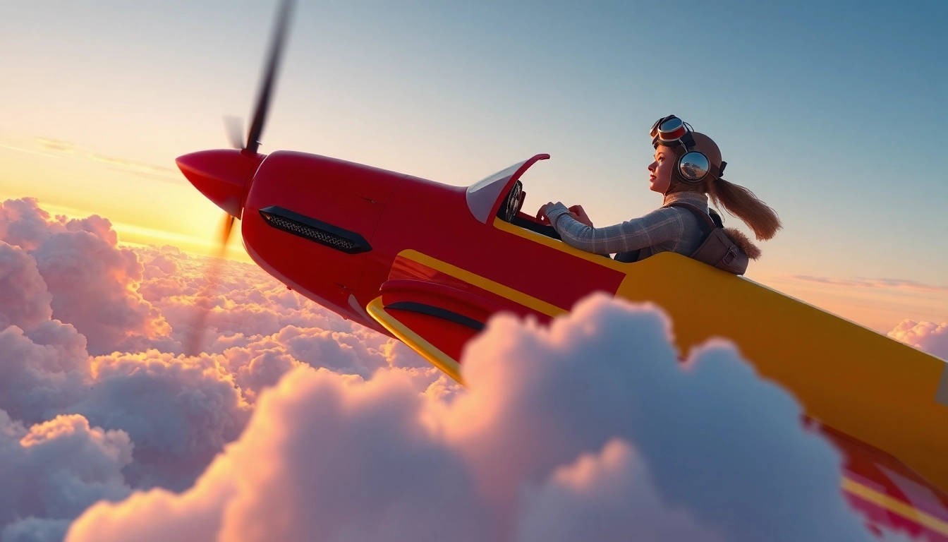 Jouez à l'aviator game avec une pilote confiante dans un ciel coloré.