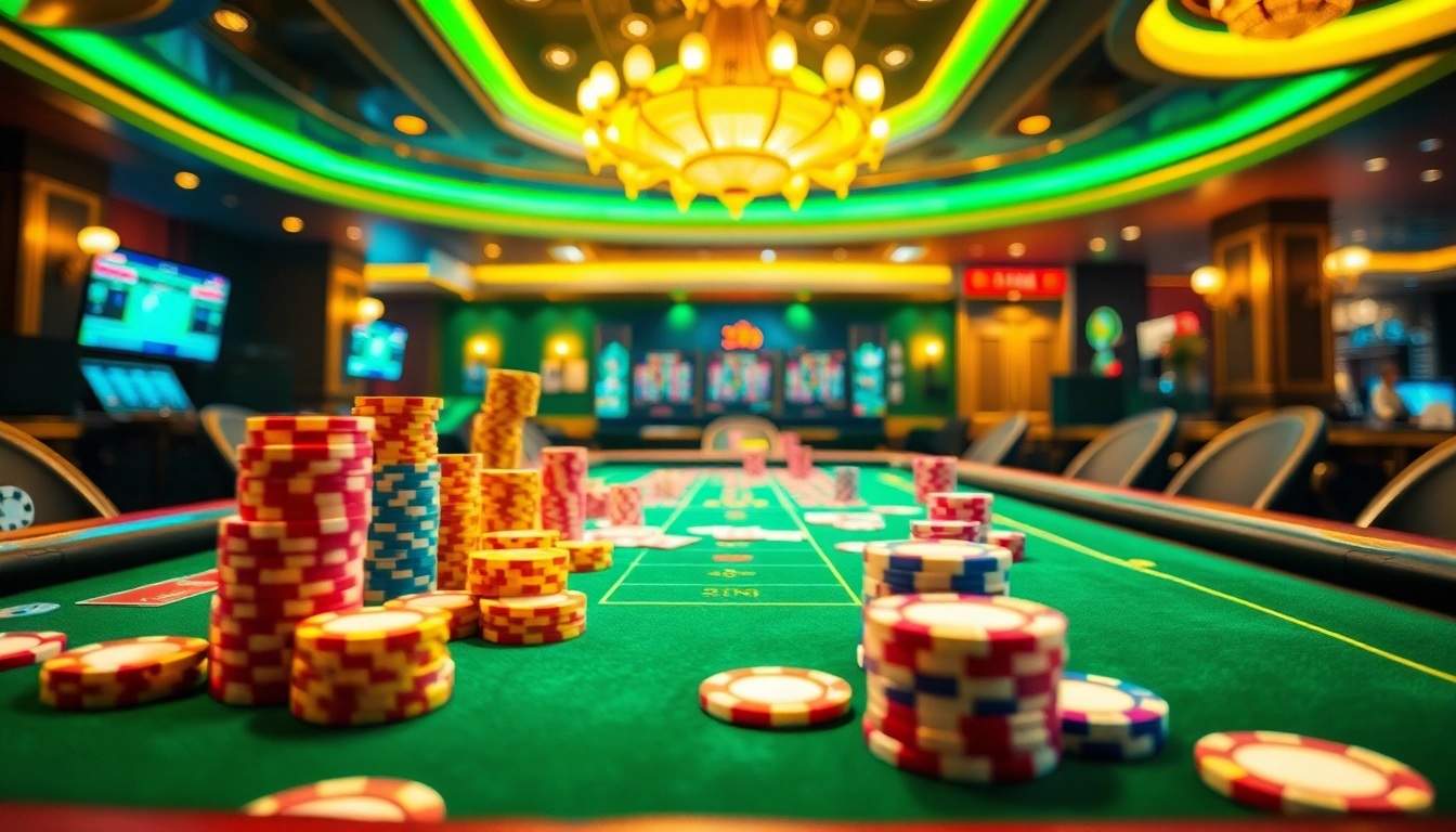 Jouez au casino en ligne argent réel avec une table de jeux colorée dans un cadre luxueux.