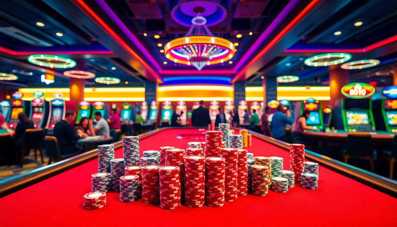 Jouer à des jeux de casino en ligne argent réel avec des jetons colorés et une atmosphère énergique.