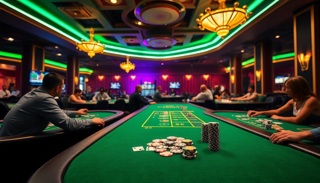 Jouez à casino en ligne argent réel avec des tables colorées et des joueurs engagés dans l'action.