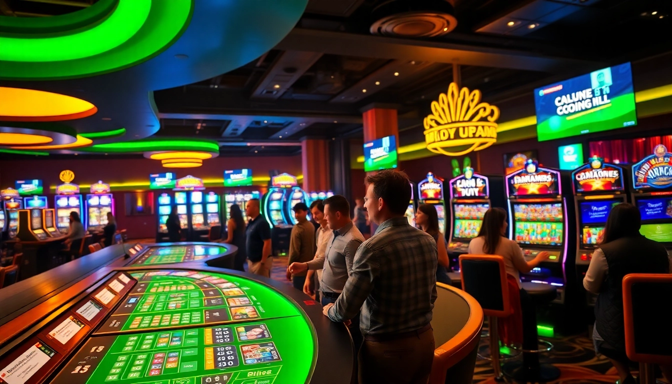 Vibrant ambiance of a nouveau casino en ligne showcasing gaming tables and slot machines.
