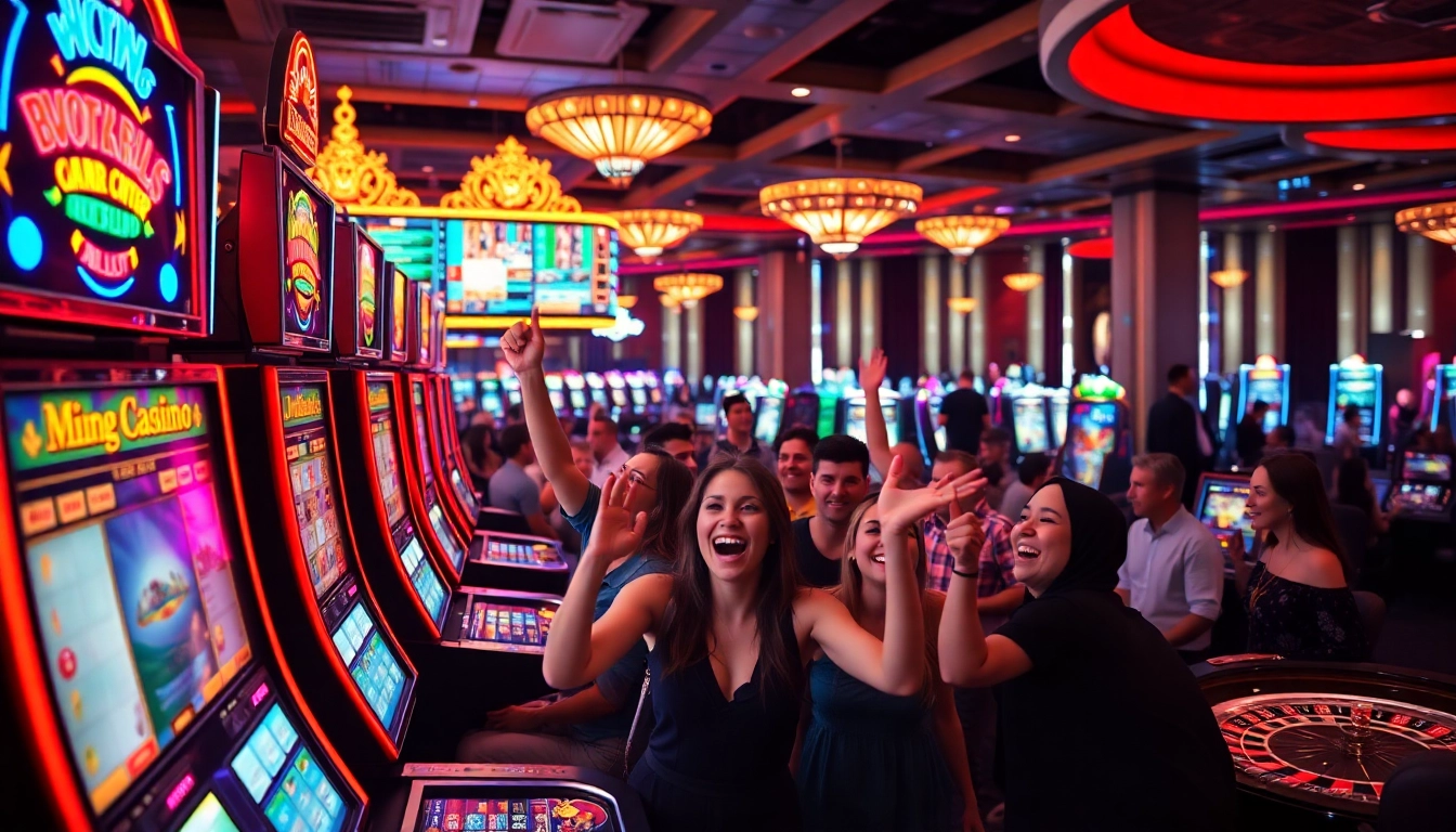 Un joueur heureux au casino francais en ligne célébrant une victoire devant des machines à sous lumineuses.
