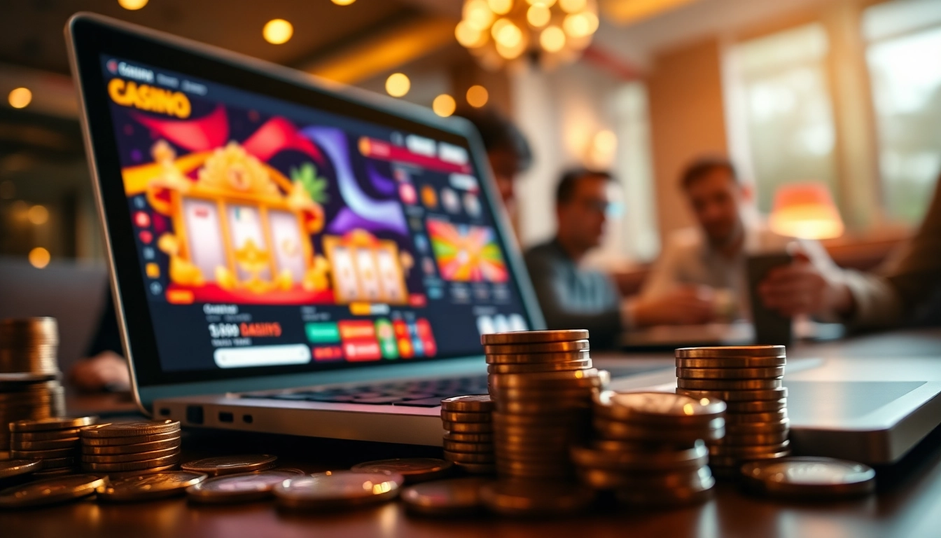 Jouez à des jeux de casino en ligne argent réel sur un ordinateur avec des jetons et des pièces scintillantes.