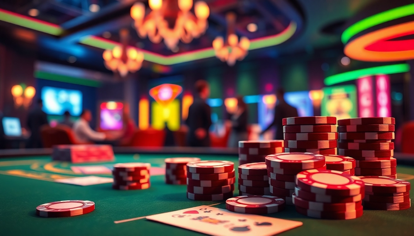 Jouez à un casino en ligne argent réel avec des jetons colorés et des cartes sur une table élégante.