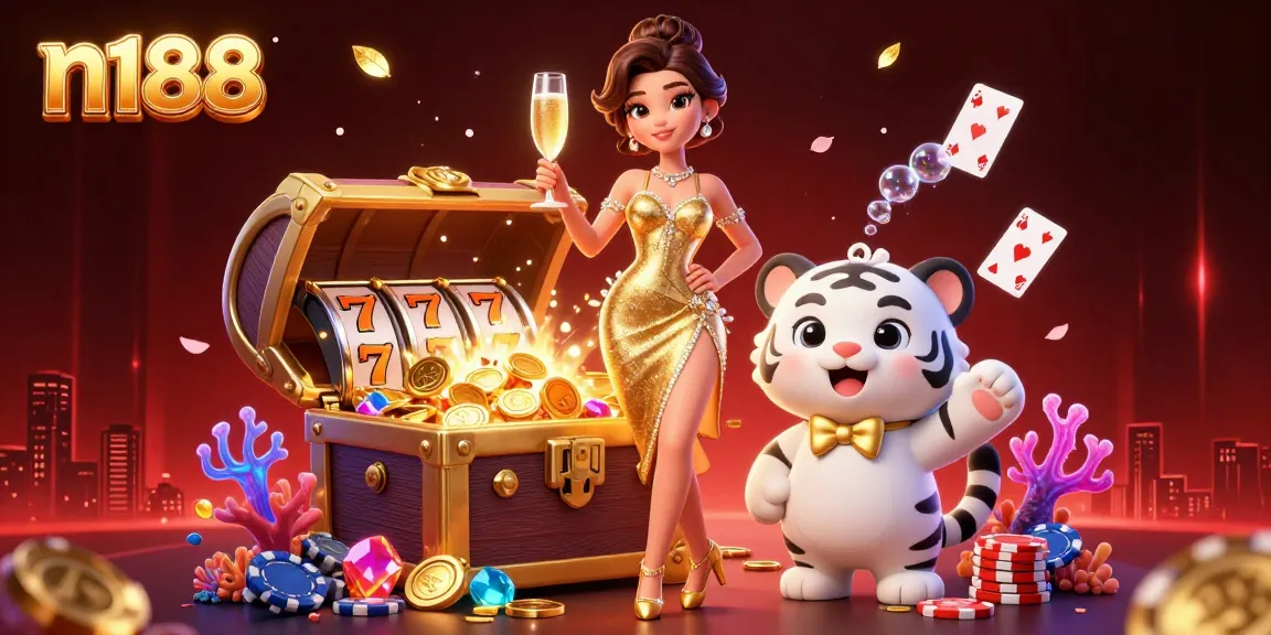 Experience thrills with n188 as a glamorous lady toasts beside a lucky tiger in a vibrant casino scene.