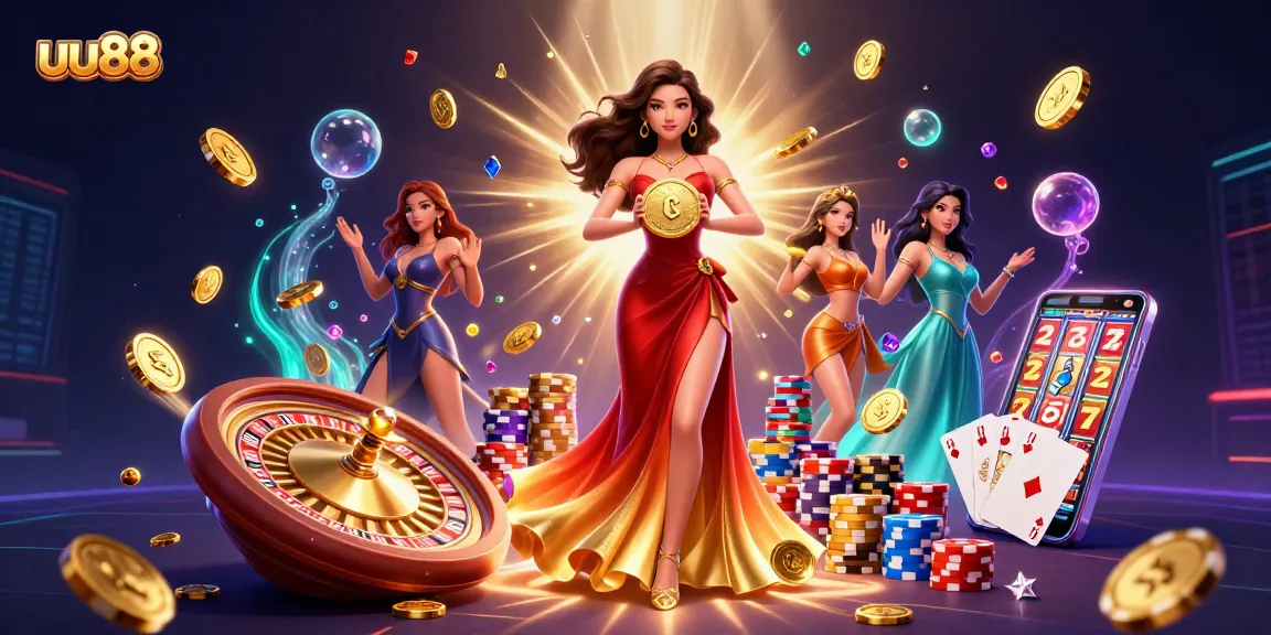 uu88 offers an exhilarating experience with a stunning Asian woman symbolizing fortune in a dynamic casino scene.