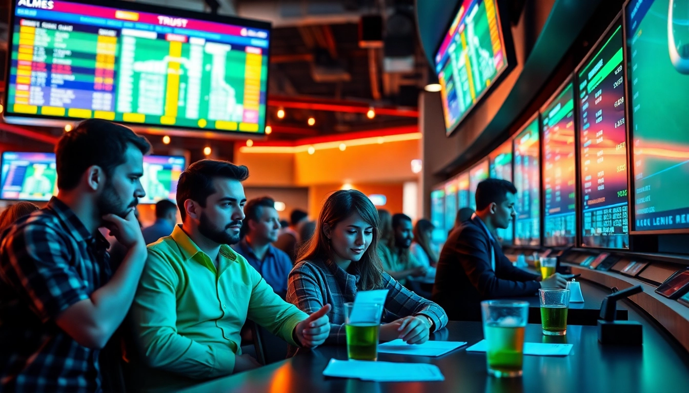 Placing bets on site de paris sportif in a vibrant and modern gaming lounge.