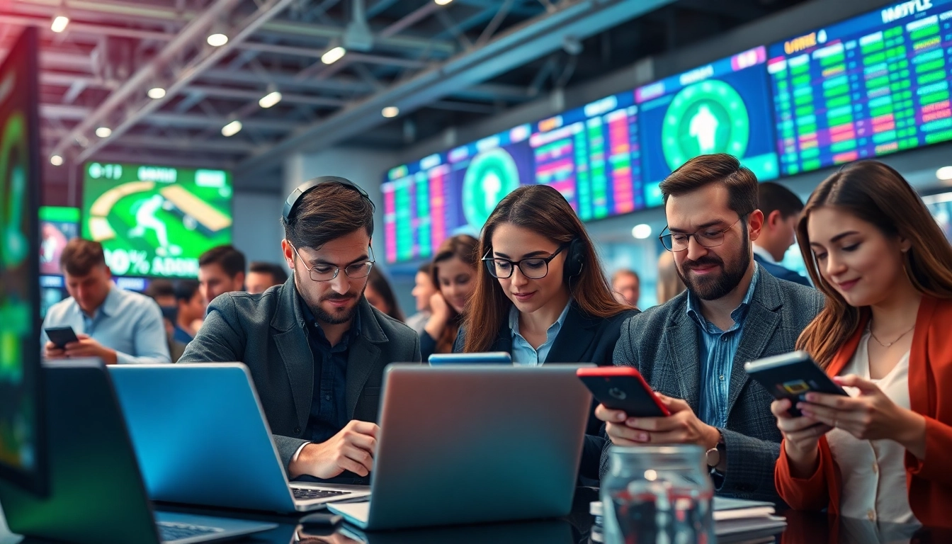 Meilleur bookmaker hors arjel, vibrant sports betting scene featuring diverse bettors engaged online.