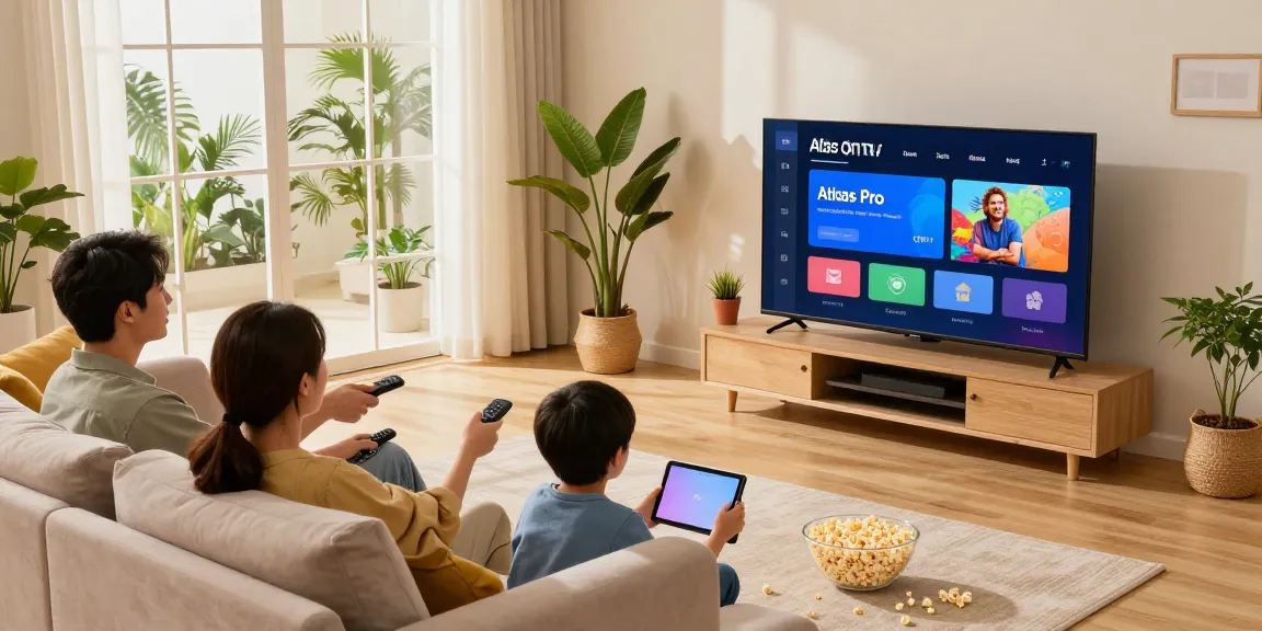 Family gathering around Smart TV watching Atlas pro ontv streaming content in a cozy living room.