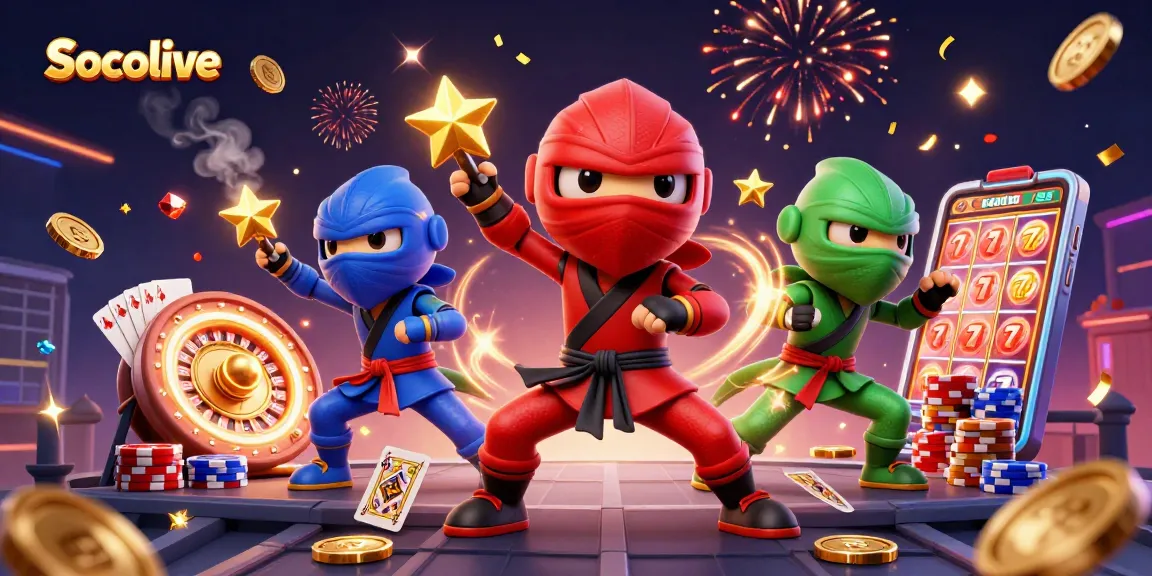 Experience Socolive's vibrant live betting atmosphere with energetic ninja chameleons and casino elements.