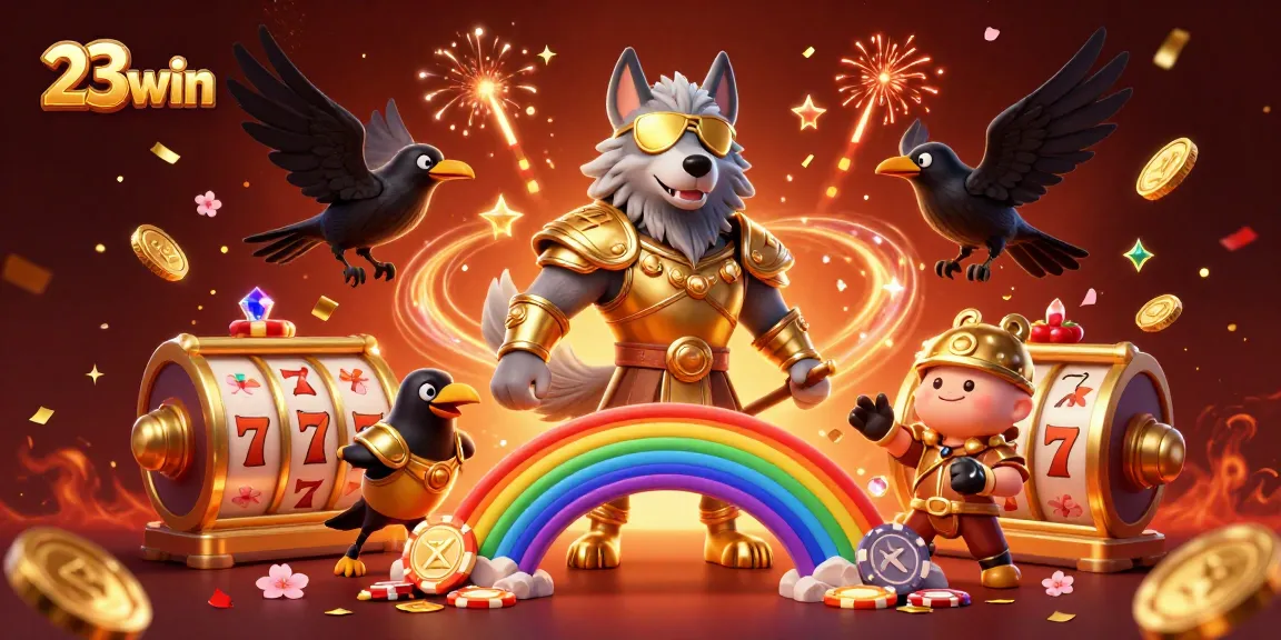 Win big at 23win with a vibrant scene of casino chips and Norse mythology characters.