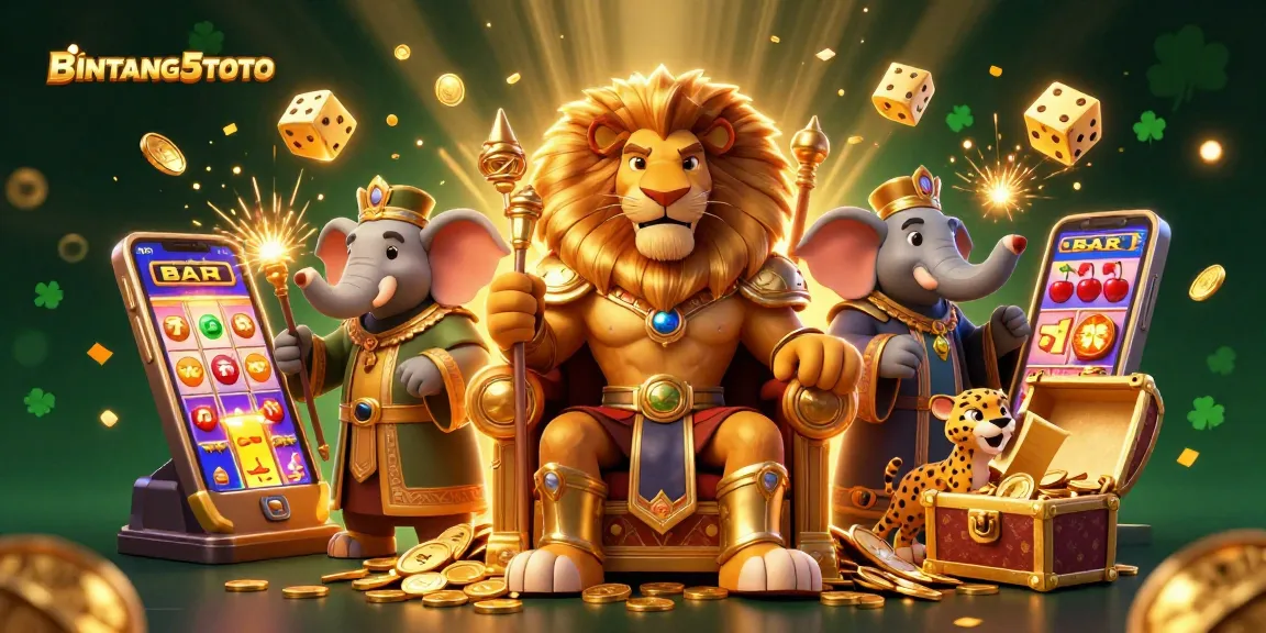 BINTANG5TOTO showcases a vibrant 3D scene with a lion king, elephant advisor, and cheetah messenger engaging in thrilling casino action.