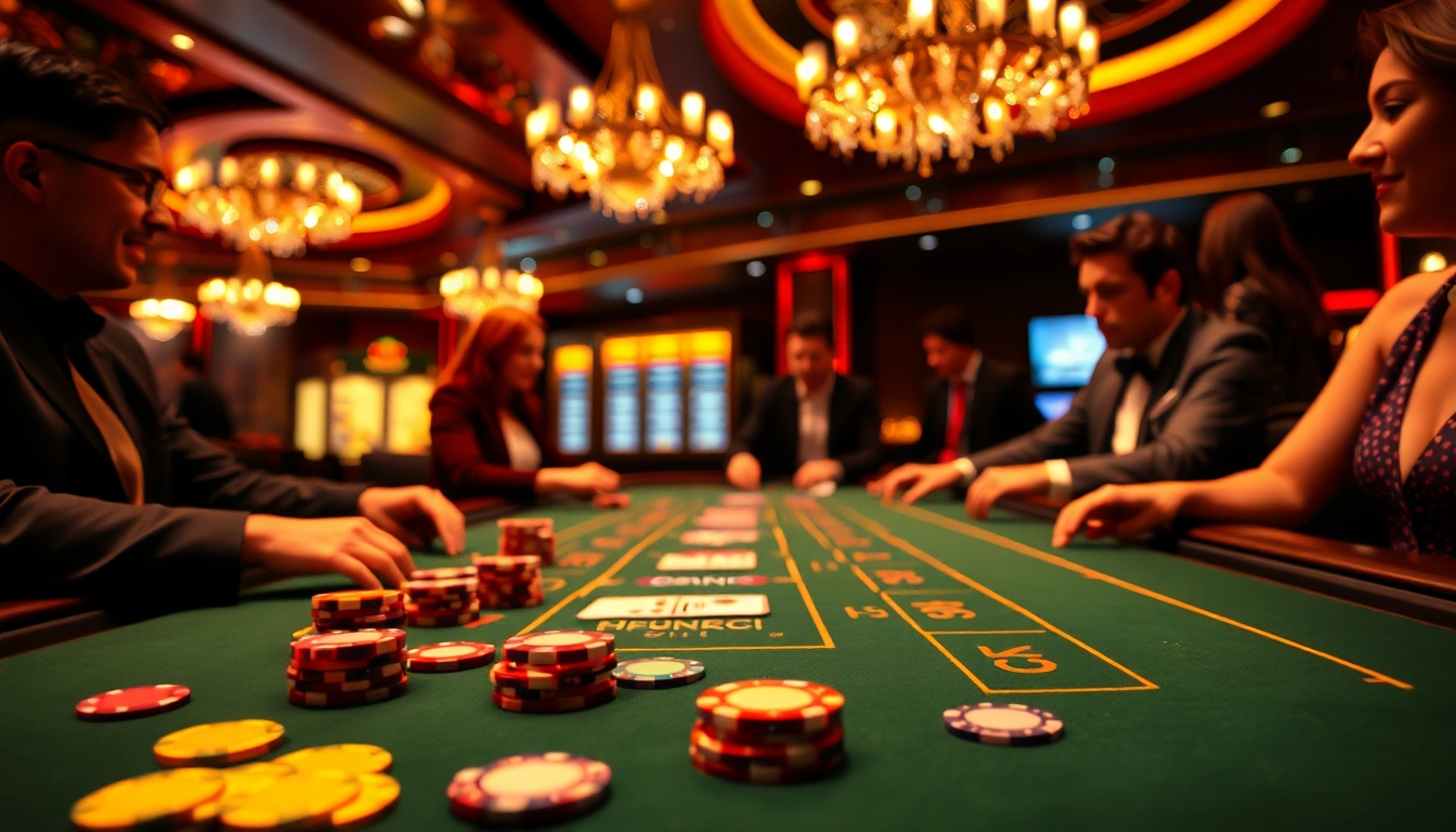 Joueurs captivés par le meilleur casino en ligne avec des jetons colorés sur la table de blackjack.