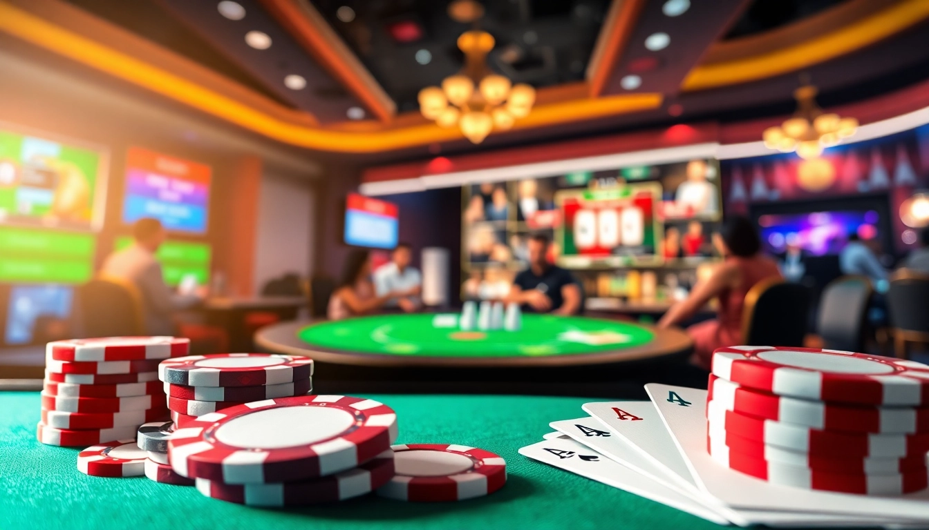 Application poker en ligne avec cartes et jetons colorés dans un environnement digital vibrant.