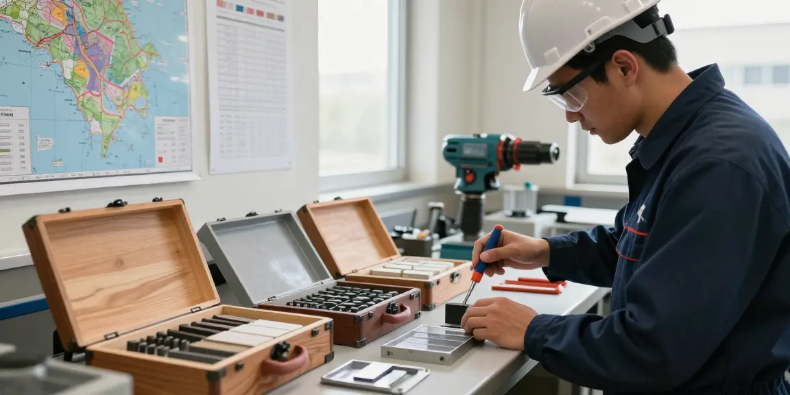 Technicien organisant une boîte à carottes de forage dans un atelier professionnel, mettant en avant les matériaux et la précision.