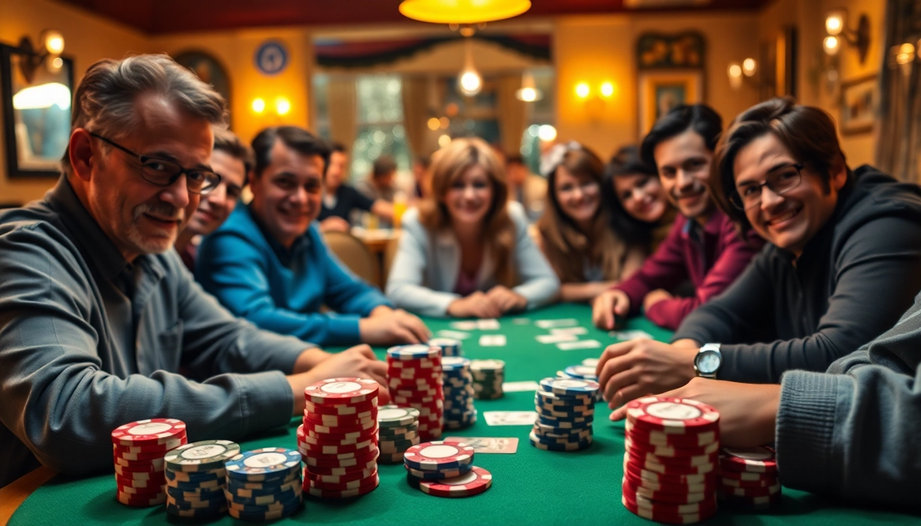 Jouez au poker en ligne avec des amis autour d'une table dans une ambiance chaleureuse.