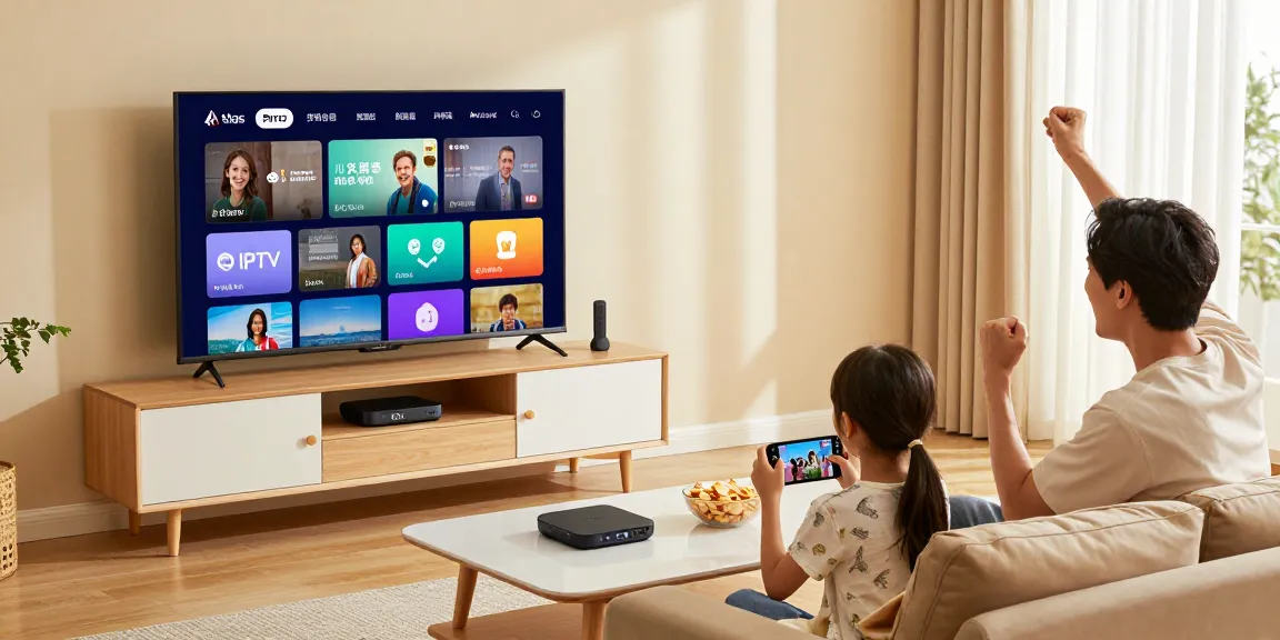 Family enjoying the Atlas Pro IPTV service on a large screen, with vibrant colors and cozy living room setting.
