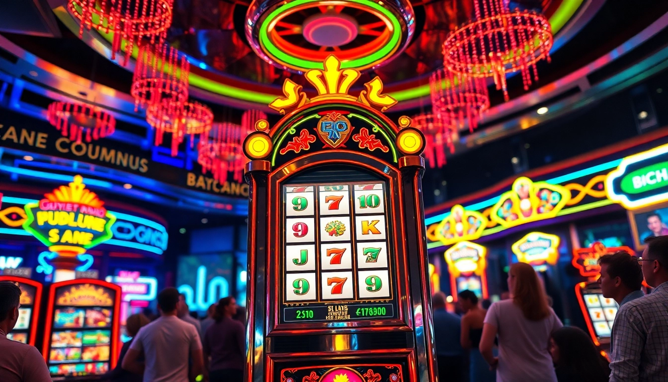 Les joueurs s'enthousiasment pour les machines à sous en ligne scintillantes dans un casino animé.