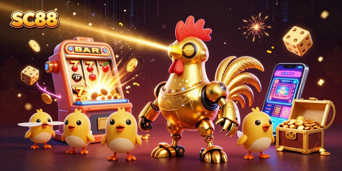 Engage with SC88's vibrant 3D casino gaming world featuring a golden rooster robot and thrilling game elements.