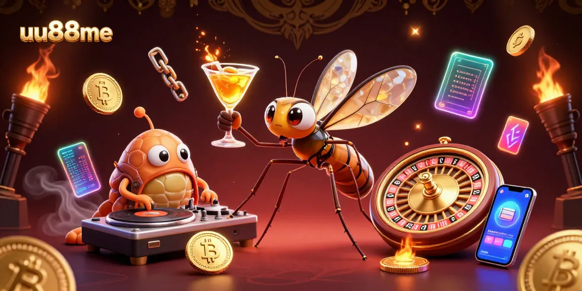 uu88me brings excitement to gambling with a vibrant casino scene of animated characters and crypto elements.