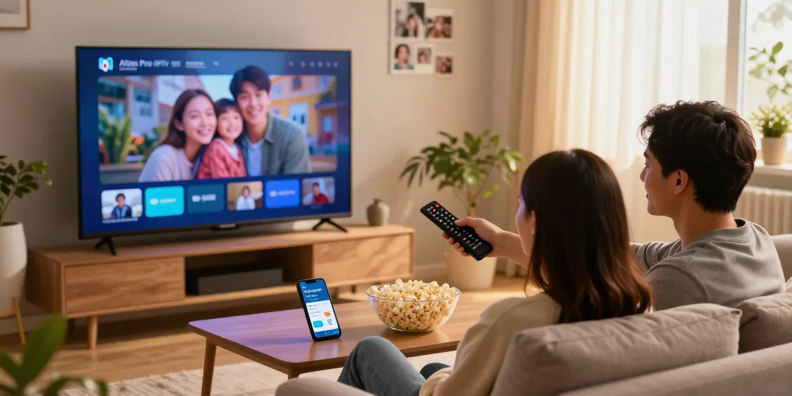 Couple enjoying movie night with Atlas Pro IPTV streaming in cozy living room setting.