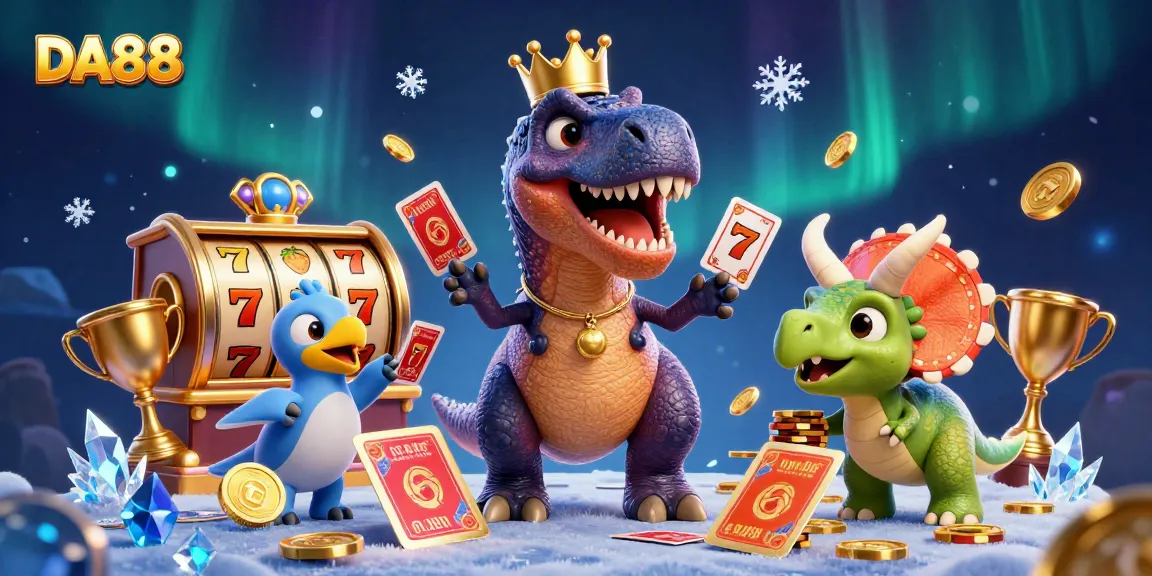 DA88 casino-themed illustration featuring a friendly T-Rex shuffling cards and a triceratops stacking chips.