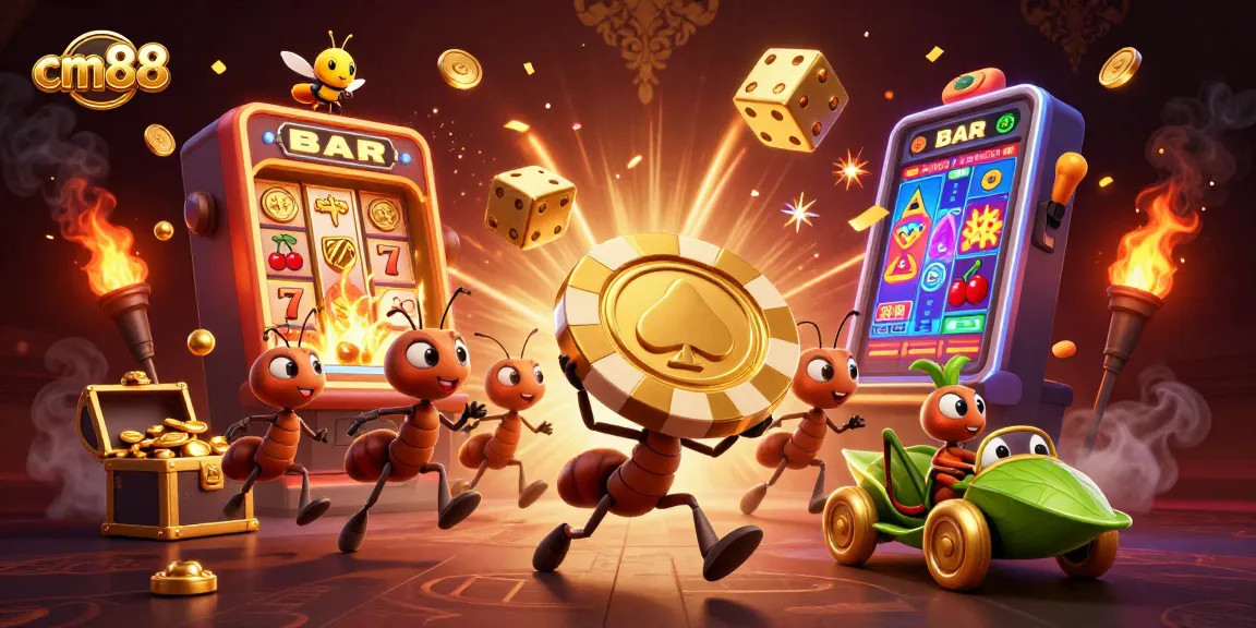 Experience the excitement of cm88 with ants stealing a giant poker chip amidst vibrant casino symbols.