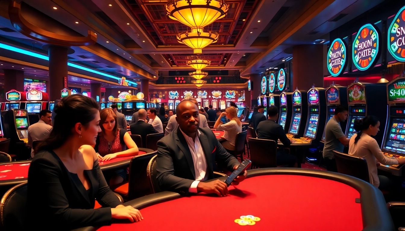 Participants enjoying games de casino en ligne dans une scène animée et luxueuse.