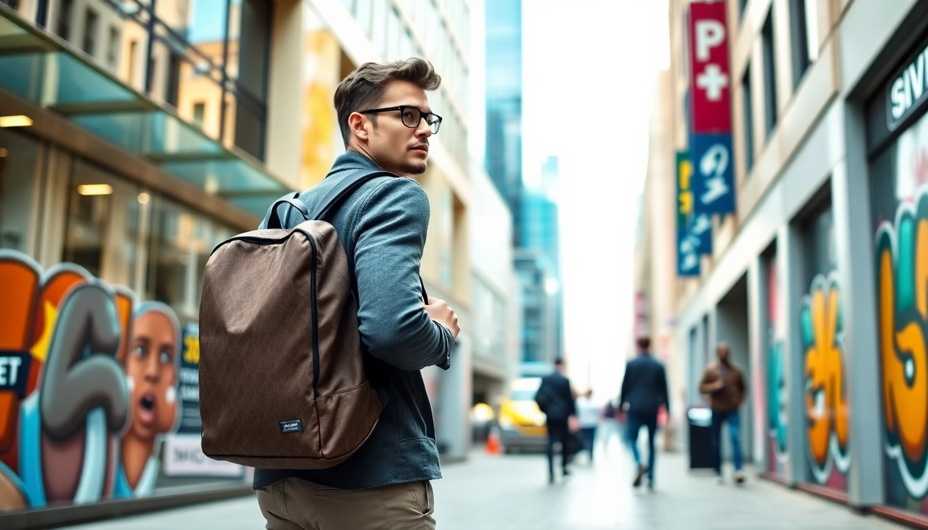 Un homme moderne portant un sac à dos homme stylé dans une ville dynamique.