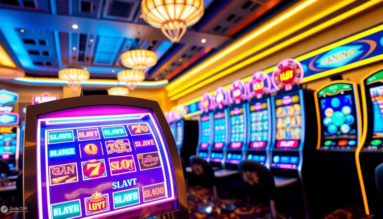 Jouez aux machines à sous en ligne avec une ambiance de casino vibrant et des machines colorées.