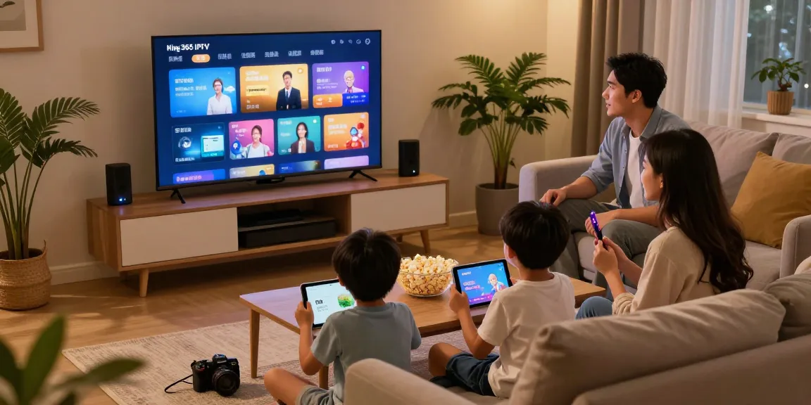 Family enjoying King 365 IPTV in a cozy living room with vibrant TV channels.