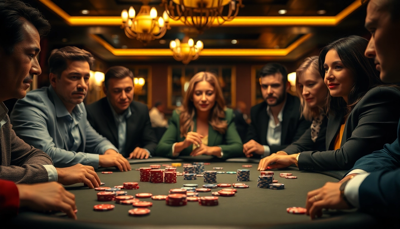 Joueurs concentrés sur une table de poker en ligne avec des jetons multicolores.