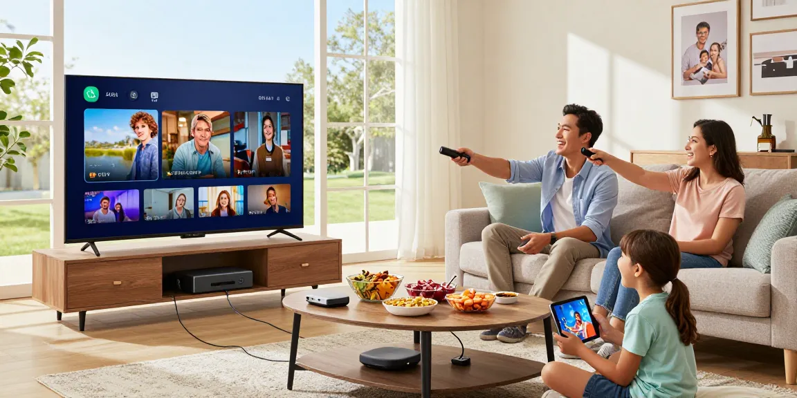 Famille profitant de l’IPTV avec atlas pro ontv dans un salon accueillant.
