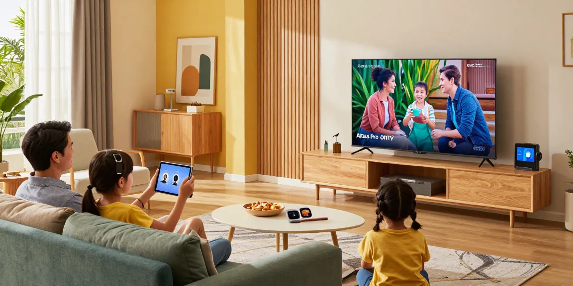 Famille profitant de l'abonnement Atlas Pro ONTV sur la télévision et les tablettes.