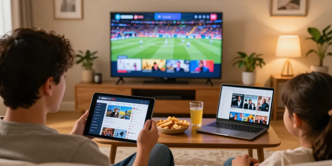 Expérience de visionnage familiale avec l'application iron tv pro sur une tablette, ambiance chaleureuse.