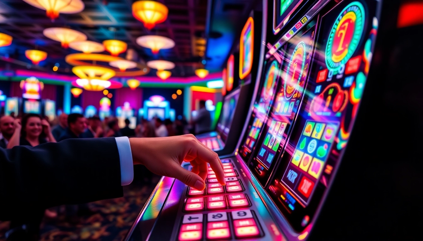 Jouer à la machine à sous casino avec des lumières vives et une ambiance vibrante. related image