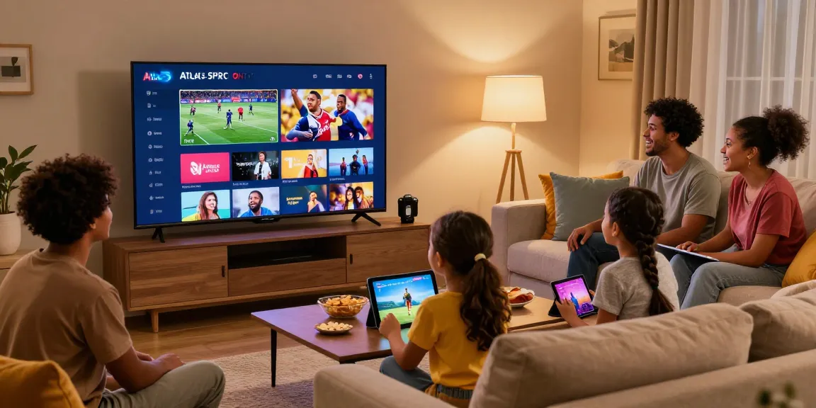 Famille profitant du streaming Atlas Pro ONTV sur une Smart TV dans un salon confortable.