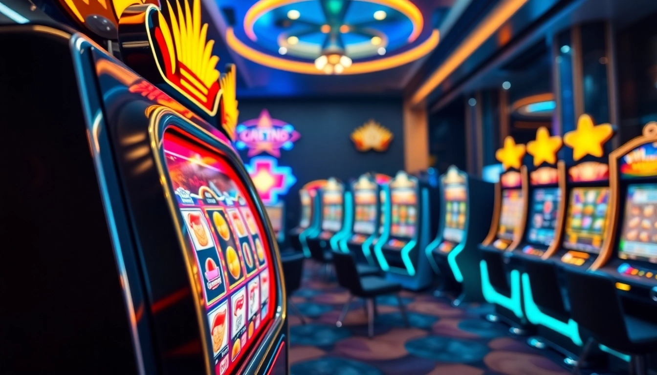 Jouez aux machines à sous en ligne avec une ambiance de casino vibrant et des machines colorées. related image