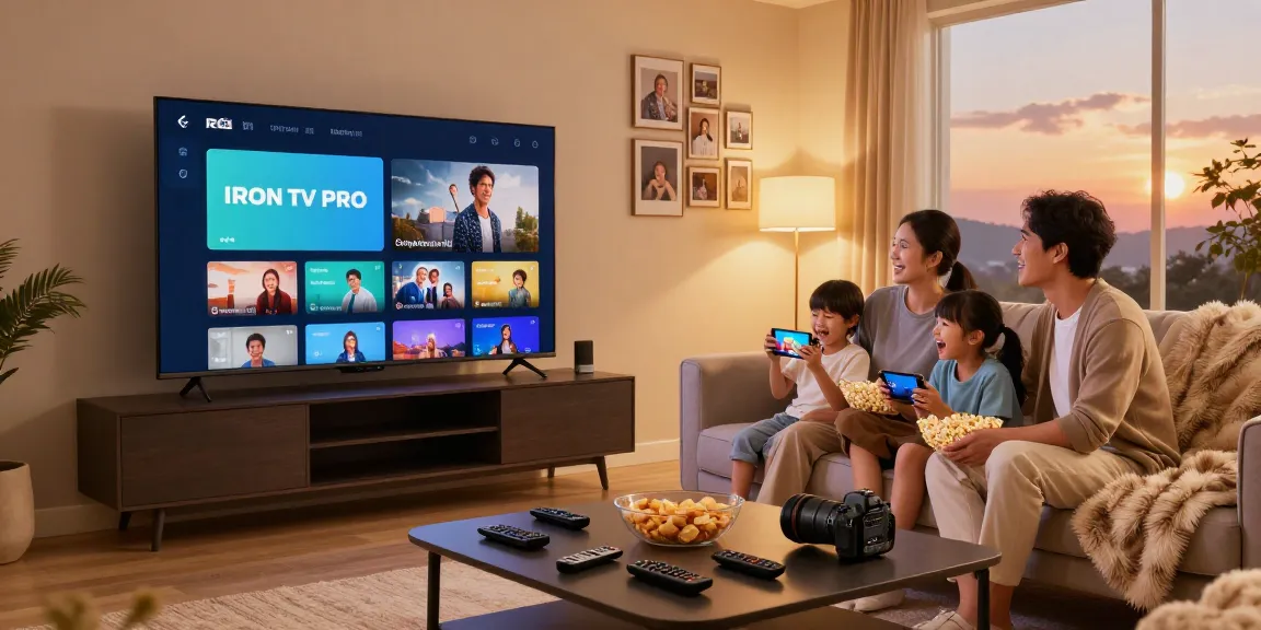 Une famille profitant ensemble de l'application de streaming IRON TV PRO dans un salon confortable.