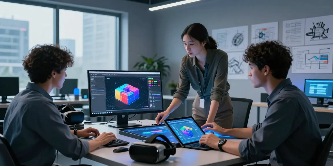 Generateur 3D IA in a modern tech workspace with professionals using advanced software for 3D modeling.
