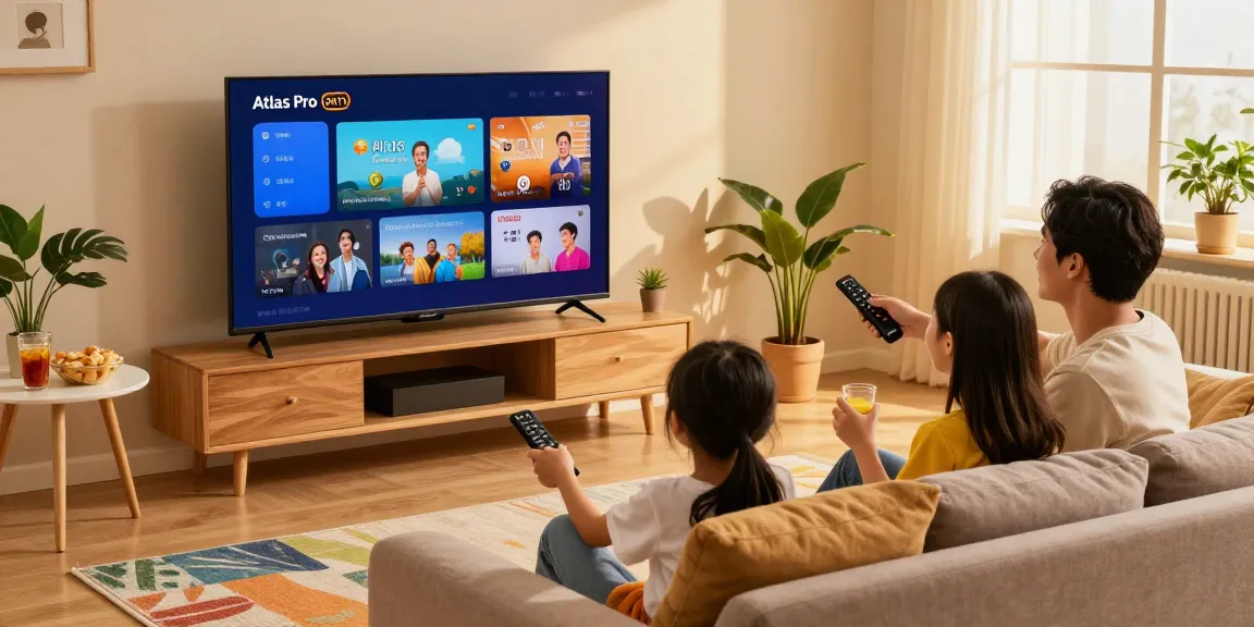 Famille utilisant l'application atlas pro ontv sur leur téléviseur, ambiance chaleureuse et conviviale.