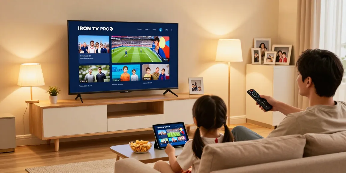 Famille profitant de l'application iron tv pro sur un grand téléviseur intelligent dans un salon moderne.