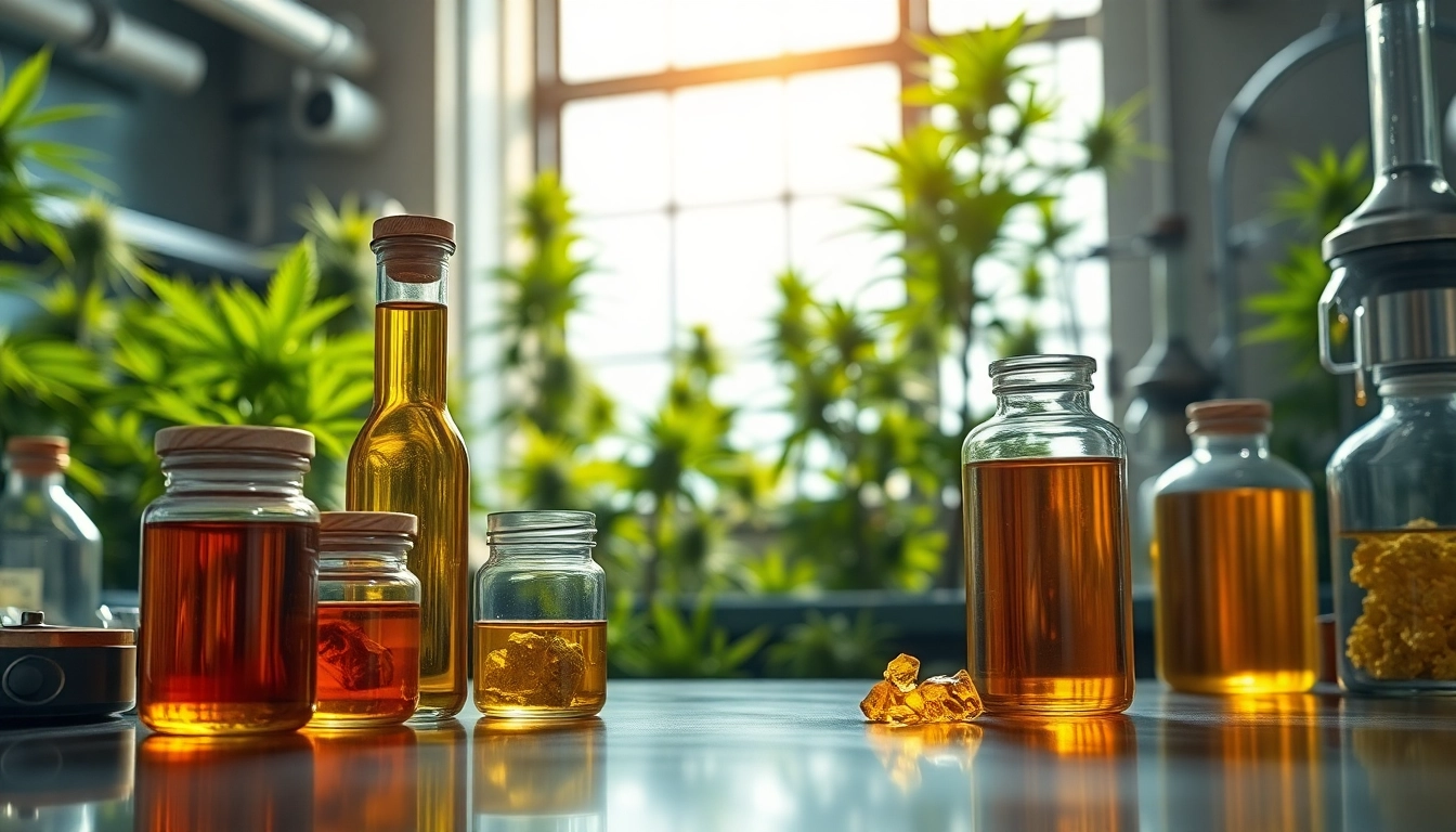 Buy Cannabis Extracts Europe displayed in vibrant jars within a professional lab environment.
