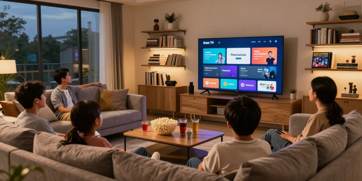 Une famille profitant du streaming Iron TV sur un canapé confortable lors d'une soirée cinéma