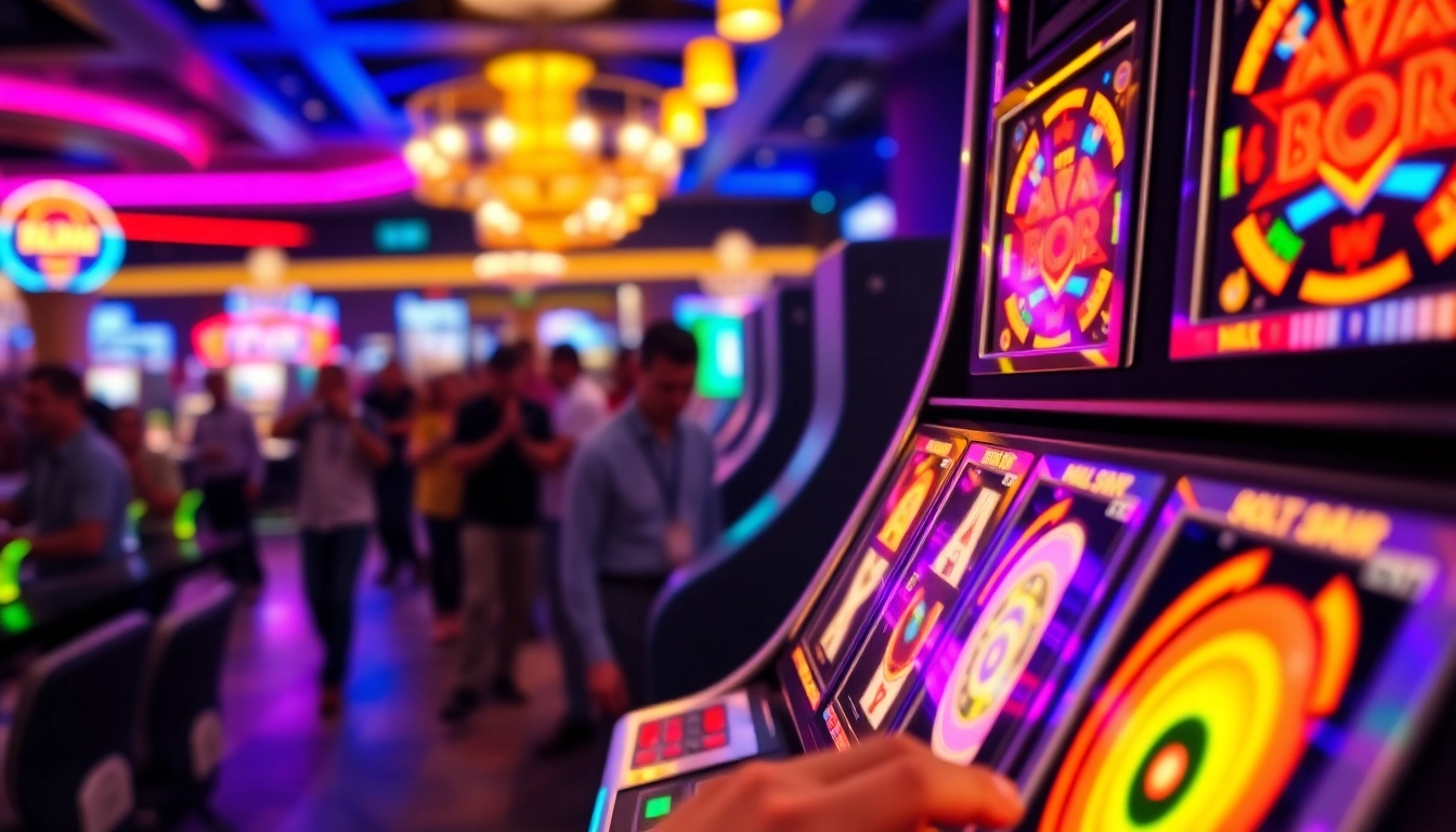 Jouer à la machine à sous casino avec des lumières vives et une ambiance vibrante.