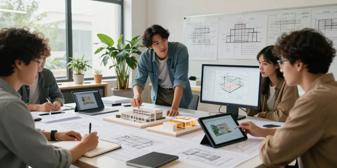 Modèle d'architecture IA en 3D créé dans un environnement de studio de design collaboratif avec des architectes engagés dans des discussions.